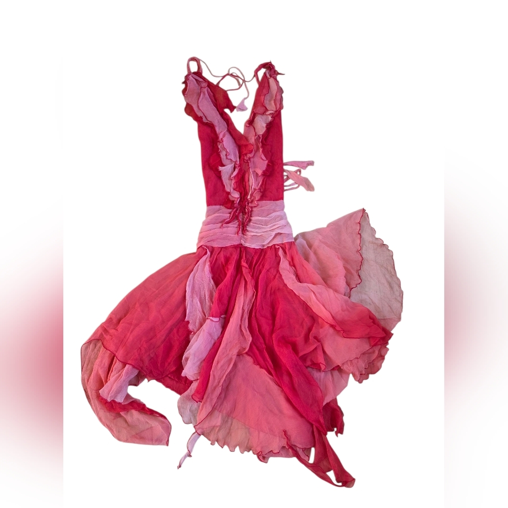 Bebe Pink & Red Silk Scarf Dress With Lace Up Back Size S